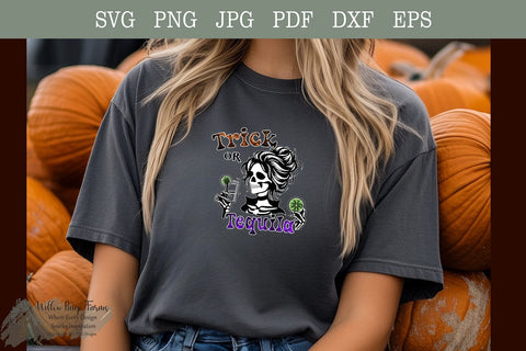 Trick or Tequila Halloween Shirt Design | Funny Tequila Drinking Girl with Limes and Shot Glass | Digital Download SVG EPS DXF PDFPNG JPG SVG Willow Paige Farms 