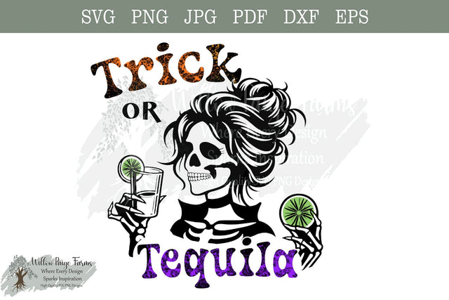 Trick or Tequila Halloween Shirt Design | Funny Tequila Drinking Girl with Limes and Shot Glass | Digital Download SVG EPS DXF PDFPNG JPG SVG Willow Paige Farms 