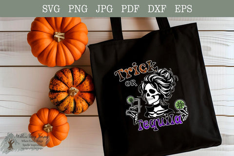 Trick or Tequila Halloween Shirt Design | Funny Tequila Drinking Girl with Limes and Shot Glass | Digital Download SVG EPS DXF PDFPNG JPG SVG Willow Paige Farms 
