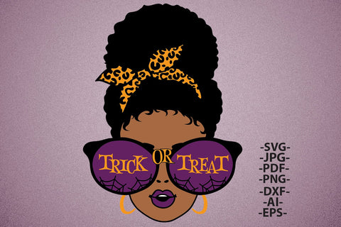 Trick or Treat Afro Girl Halloween Clipart with Leopard Headband and Sunglasses in SVG PNG JPG PDF DXF AI EPS Formats for Cricut and Sublimation SVG 1uniqueminute 