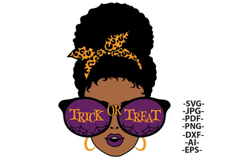 Trick or Treat Afro Girl Halloween Clipart with Leopard Headband and Sunglasses in SVG PNG JPG PDF DXF AI EPS Formats for Cricut and Sublimation SVG 1uniqueminute 