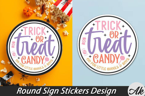 Trick or treat candy co for little ghouls & boys Round Sign Stickers Design SVG akazaddesign 