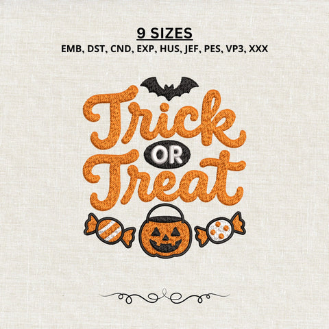 Trick or Treat Embroidery Design – Halloween Pumpkin Candy Bat Machine Embroidery File Embroidery/Applique DESIGNS PatternFeed8 