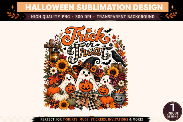 Trick or Treat Halloween Ghost PNG Sublimation Design, Cute Witch Ghost Trio with Jack O Lanterns, Sunflowers, Black Raven, Vintage Lantern and Rustic Plaid Bows, Autumn Clipart for T Shirts, Mugs and Stickers Sublimation BlackCatsMedia 
