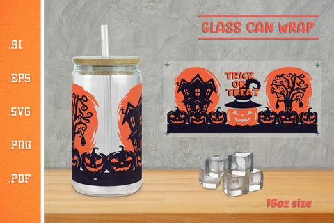 Trick or Treat Halloween Glass Can Wrap 16Oz SVG SVG Slim Studio 