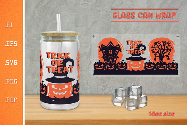Trick or Treat Halloween Glass Can Wrap 16Oz SVG SVG Slim Studio 