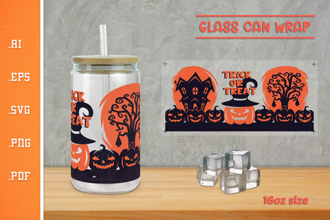 Trick or Treat Halloween Glass Can Wrap 16Oz SVG SVG Slim Studio 