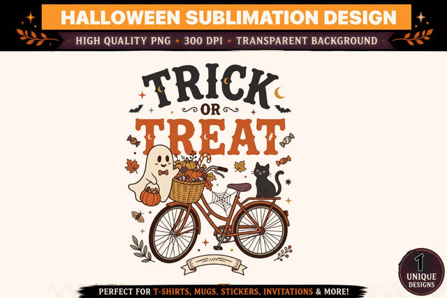 Trick or Treat Halloween PNG, Cute Ghost and Black Cat Bicycle Sublimation Design, Vintage Spooky Season Clipart, Pumpkin T Shirt Graphic, Halloween Shirt Design Sublimation BlackCatsMedia 