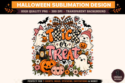 Trick or Treat Halloween PNG, Cute Ghost Pumpkin Sublimation Design, Coquette Halloween Clipart, Pink Orange Spooky Season Graphic, Checkerboard Bow T Shirt Design Sublimation BlackCatsMedia 