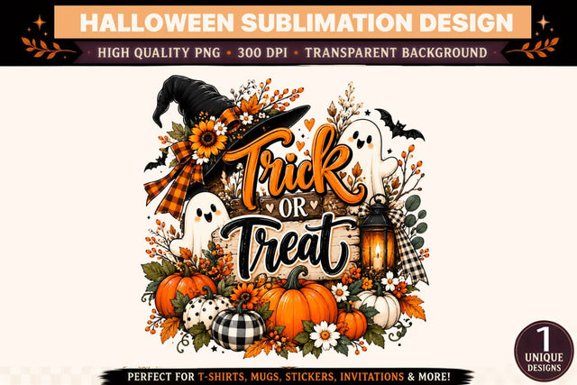Trick or Treat Halloween PNG Sublimation Design, Cute Ghosts with Black Witch Hat, Sunflower and Orange Buffalo Plaid Bow, Vintage Lantern, Decorative Pumpkins and Rustic Autumn Floral Clipart Sublimation BlackCatsMedia 
