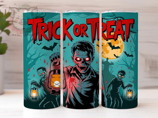 Trick Or Treat Zombie Halloween Tumbler Wrap, Zombie Halloween Tumbler, Spooky Sublimation PNG, Creepy Cute Cup, 20OZ Tumbler Wrap, Halloween Zombie Design, Undead Halloween Art Sublimation Lara' s Designs 