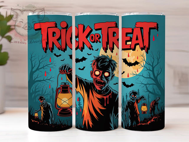 Trick Or Treat Zombie Halloween Tumbler Wrap, Zombie Halloween Tumbler, Spooky Sublimation PNG, Creepy Cute Cup, 20OZ Tumbler Wrap, Halloween Zombie Design, Undead Halloween Art Sublimation Lara' s Designs 