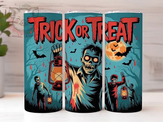 Trick Or Treat Zombie Halloween Tumbler Wrap, Zombie Halloween Tumbler, Spooky Sublimation PNG, Creepy Cute Cup, 20OZ Tumbler Wrap, Halloween Zombie Design, Undead Halloween Art Sublimation Lara' s Designs 
