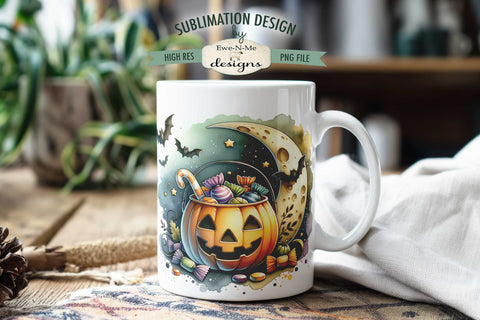 Trick Treat Moon Jack O Lantern with Candy 11 & 15 oz Mug Design Sublimation Ewe-N-Me Designs 