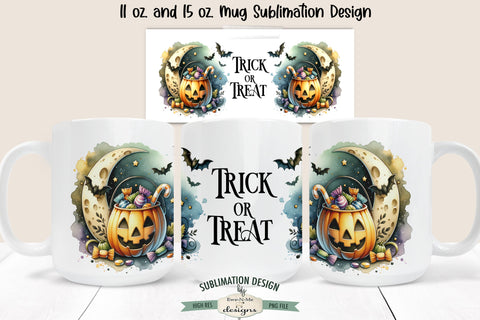 Trick Treat Moon Jack O Lantern with Candy 11 & 15 oz Mug Design Sublimation Ewe-N-Me Designs 