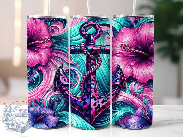 Tropical Anchor Hibiscus Tumbler, Hibiscus Floral Wrap, Cheetah Print Design, Sublimation Cup, 20oz Skinny Tumbler, Tropical Drinkware, Nautical Style Sublimation ToriDesigns 