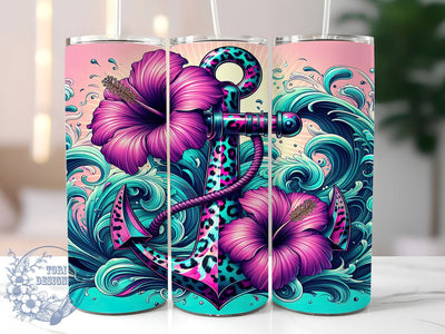 Tropical Anchor Hibiscus Tumbler, Hibiscus Floral Wrap, Cheetah Print Design, Sublimation Cup, 20oz Skinny Tumbler, Tropical Drinkware, Nautical Style Sublimation ToriDesigns 