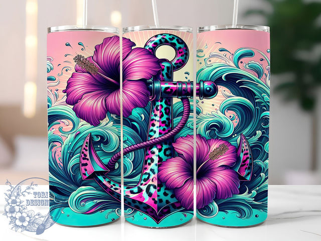 Tropical Anchor Hibiscus Tumbler, Hibiscus Floral Wrap, Cheetah Print Design, Sublimation Cup, 20oz Skinny Tumbler, Tropical Drinkware, Nautical Style Sublimation ToriDesigns 