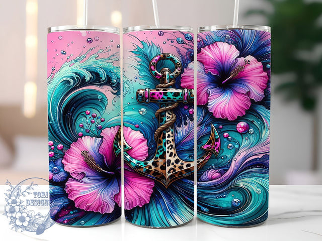 Tropical Anchor Hibiscus Tumbler, Hibiscus Floral Wrap, Cheetah Print Design, Sublimation Cup, 20oz Skinny Tumbler, Tropical Drinkware, Nautical Style Sublimation ToriDesigns 