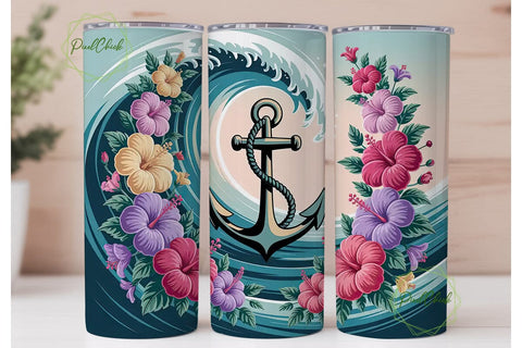 Tropical Anchor & Hibiscus Tumbler Wrap Sublimation PixelChick 