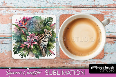 Tropical Animals Coaster Sublimation, Summer Square Coaster Sublimation OrangeBrushStudio 