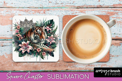 Tropical Animals Coaster Sublimation, Summer Square Coaster Sublimation OrangeBrushStudio 