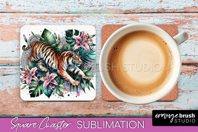 Tropical Animals Coaster Sublimation, Summer Square Coaster Sublimation OrangeBrushStudio 