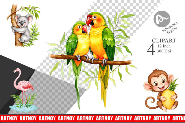 Tropical Animals Watercolor Clipart Sublimation artnoy 