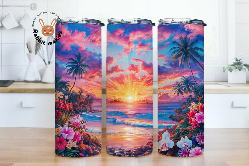 Tropical Beach 20 oz Skinny Tumbler Sublimation Design, Beach Tumbler Wrap, Ocean Tumbler Wrap, Beach Sunset Tumbler PNG Sublimation Rabbitmakies 