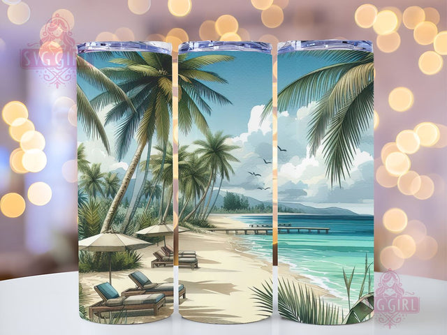 Tropical Beach 20oz Skinny Tumbler PNG, Sea Beach Summer PNG, Summer Sublimation Tumbler Design Seamless Sublimation SvggirlplusArt 