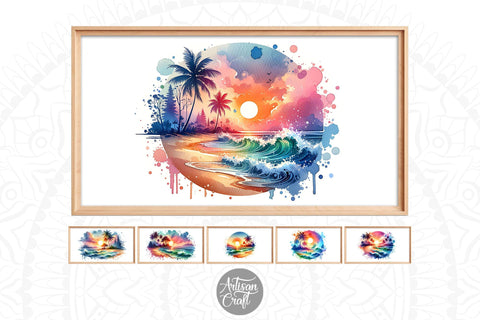 Tropical beach Frame TV art, tropical sunset, watercolor sunset Digital Pattern Artisan Craft SVG 