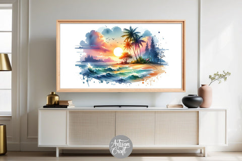 Tropical beach Frame TV art, tropical sunset, watercolor sunset Digital Pattern Artisan Craft SVG 