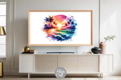 Tropical beach Frame TV art, tropical sunset, watercolor sunset Digital Pattern Artisan Craft SVG 