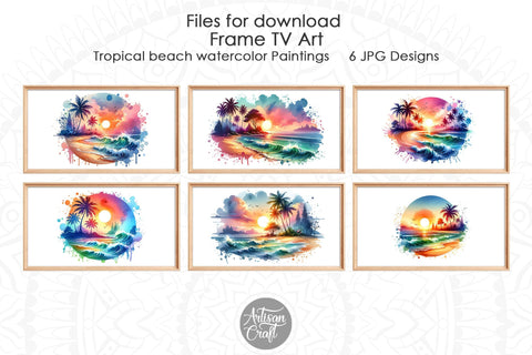 Tropical beach Frame TV art, tropical sunset, watercolor sunset Digital Pattern Artisan Craft SVG 