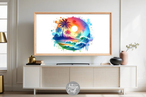 Tropical beach Frame TV art, tropical sunset, watercolor sunset Digital Pattern Artisan Craft SVG 