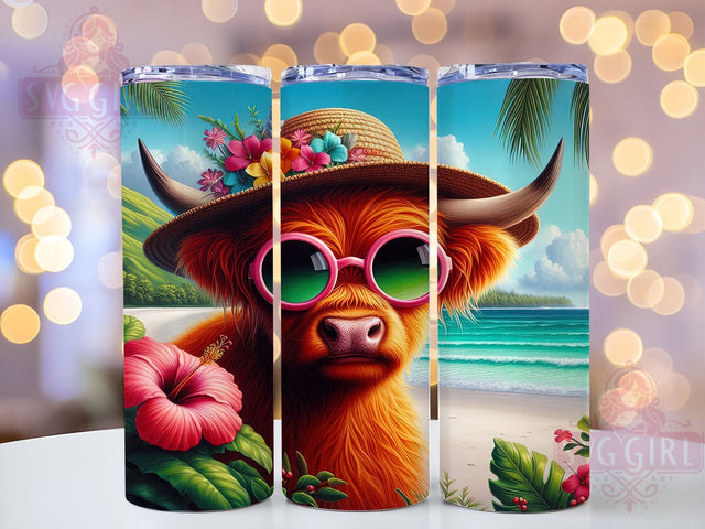 Tropical Beach Highland Cow Tumbler Wrap, Highland Cow Tumbler, Tropical Beach Design, 20oz Wrap, Sublimation Design, Cow Decor, Summer Drinkware, Beach Vibe Cup Sublimation SvggirlplusArt 