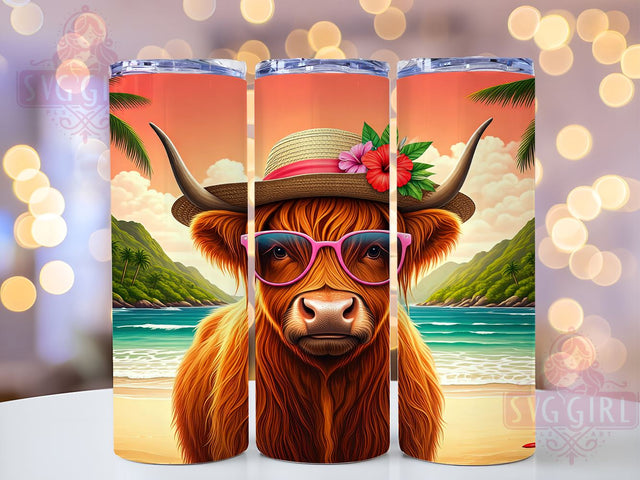 Tropical Beach Highland Cow Tumbler Wrap, Highland Cow Tumbler, Tropical Beach Design, 20oz Wrap, Sublimation Design, Cow Decor, Summer Drinkware, Beach Vibe Cup Sublimation SvggirlplusArt 