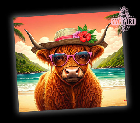 Tropical Beach Highland Cow Tumbler Wrap, Highland Cow Tumbler, Tropical Beach Design, 20oz Wrap, Sublimation Design, Cow Decor, Summer Drinkware, Beach Vibe Cup Sublimation SvggirlplusArt 