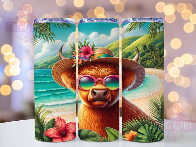 Tropical Beach Highland Cow Tumbler Wrap, Highland Cow Tumbler, Tropical Beach Design, 20oz Wrap, Sublimation Design, Cow Decor, Summer Drinkware, Beach Vibe Cup Sublimation SvggirlplusArt 
