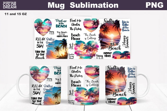Tropical Beach Mug Sublimation | Summer Beach Mug Wrap Sublimation WatercolorColorDream 