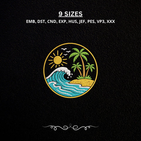 Tropical Beach Ocean Wave Machine Embroidery Design Palm Trees Summer Island PES DST Files Embroidery/Applique DESIGNS PatternFeed8 