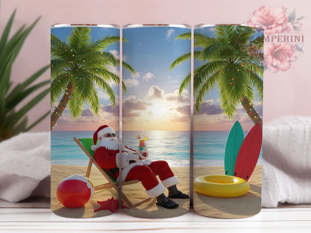 Tropical Beach Santa Christmas Tumbler, Holiday Beach Theme Sublimation Design, Festive Coastal Cup Art, 20oz Xmas Tumbler, Whimsical Beach Santa Mug, Stylish Christmas Cup, Cozy Holiday Wrap Sublimation Li Zamperini 