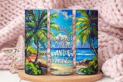 Tropical Beach Summer Tumbler Wrap, 20 oz Skinny Tumbler Sublimation Design, The Beach Is Calling, Digital Download PNG Sublimation DesignSVG 