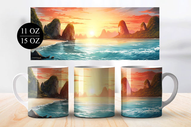 Tropical Beach Sunset Digital Mug Graphic, Ocean View Wrap Sublimation BijouBay 
