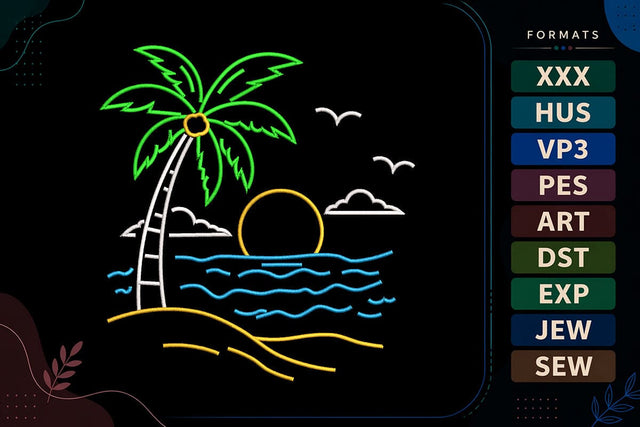 Tropical Beach Sunset Palm Tree Summer Ocean Scene Embroidery Design Embroidery/Applique DESIGNS sg embroidery 
