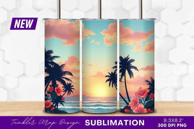 Tropical beach sunset with palm trees flowers Sublimation Regulrcrative 
