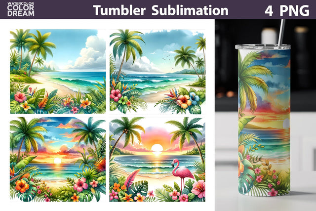 Tropical Beach Tumbler Wrap | Beach Sunset Tumbler Sublimation WatercolorColorDream 