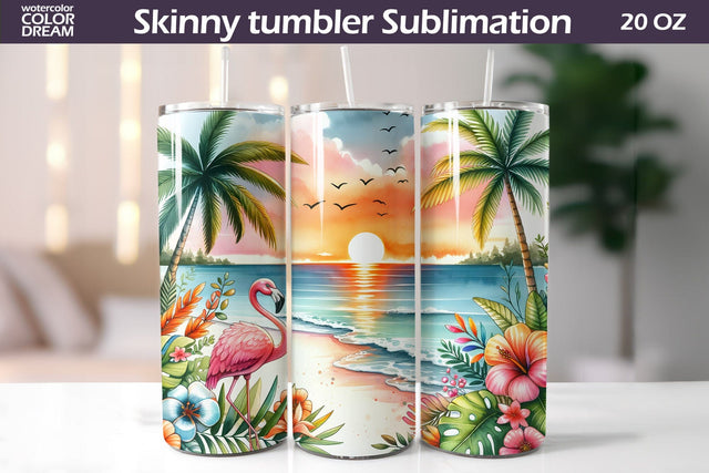 Tropical Beach Tumbler Wrap | Tropical Flamingo Tumbler Sublimation Sublimation WatercolorColorDream 