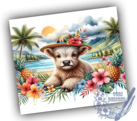 Tropical Beach Vibe Highland Cow 20oz Skinny Tumbler, Highland Cow Tumbler Png, Straight & Tapered Tumbler Wrap, Instant Digital Download Sublimation ToriDesigns 