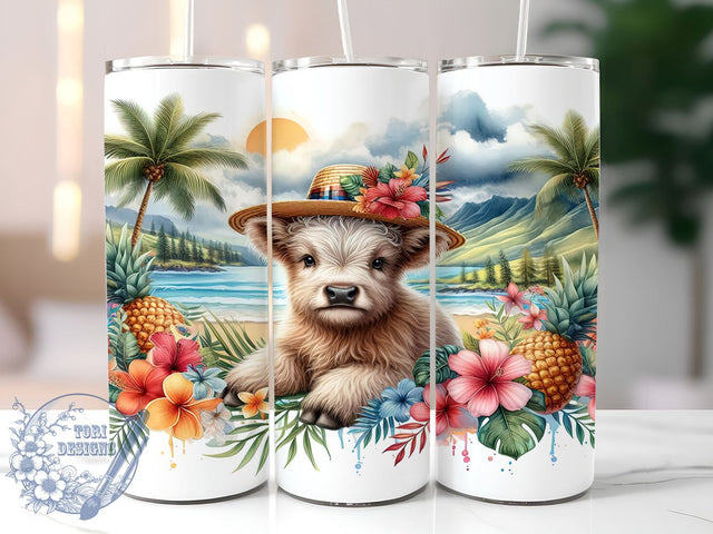 Tropical Beach Vibe Highland Cow 20oz Skinny Tumbler, Highland Cow Tumbler Png, Straight & Tapered Tumbler Wrap, Instant Digital Download Sublimation ToriDesigns 